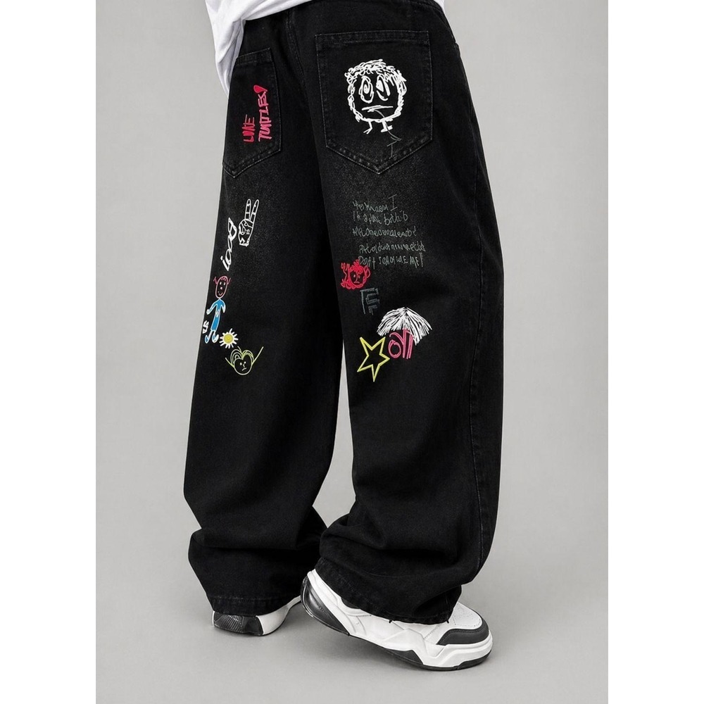 Unbranded Kids Graffiti Doodle Black Denim Jeans Y2K Streetwear Size 12Y